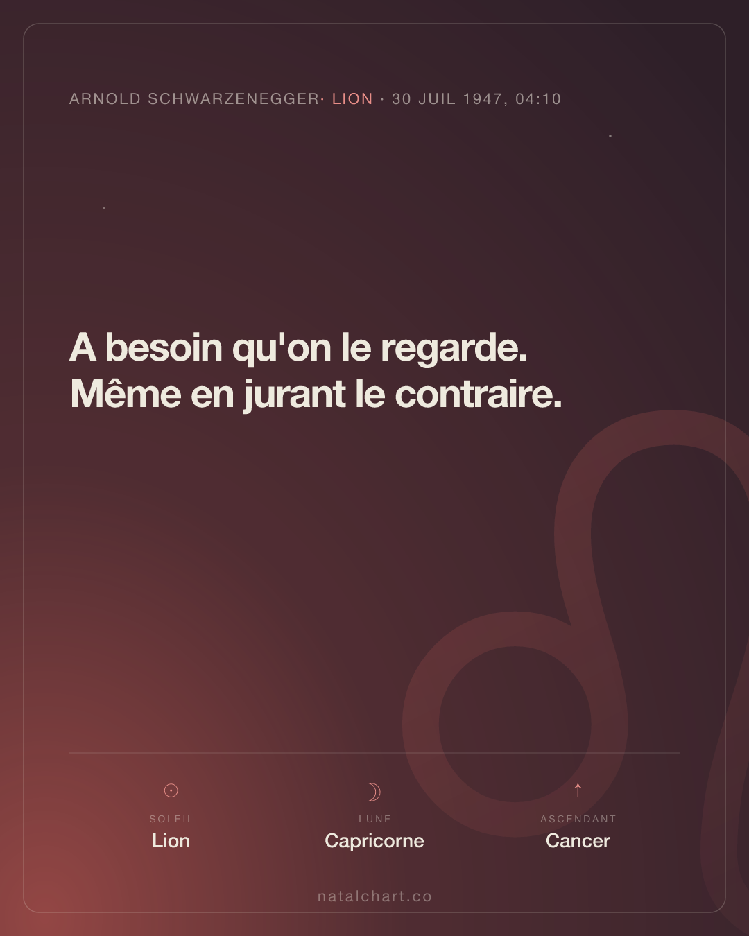 Arnold Schwarzenegger — Soleil en Lion · Lune en Capricorne · Ascendant Cancer