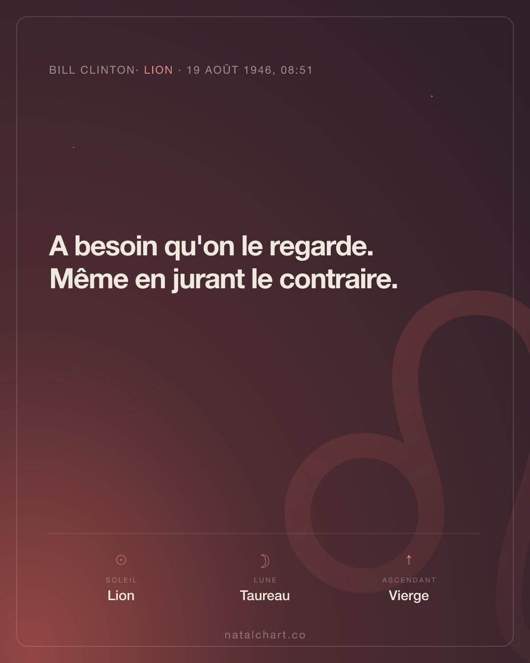 Bill Clinton — Soleil en Lion · Lune en Taureau · Ascendant Vierge