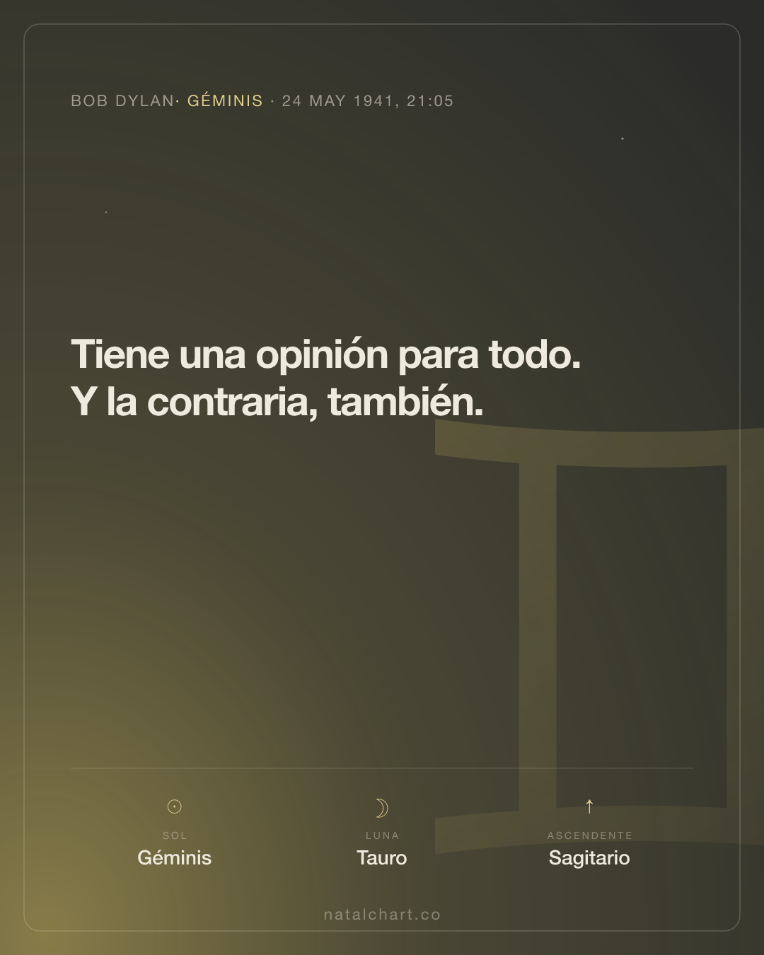 Bob Dylan — Sol en Géminis · Luna en Tauro · Ascendente Sagitario
