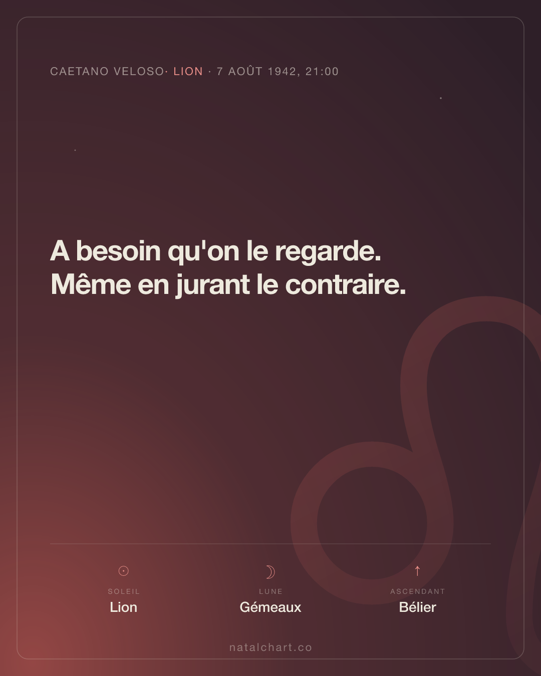 Caetano Veloso — Soleil en Lion · Lune en Gémeaux · Ascendant Bélier