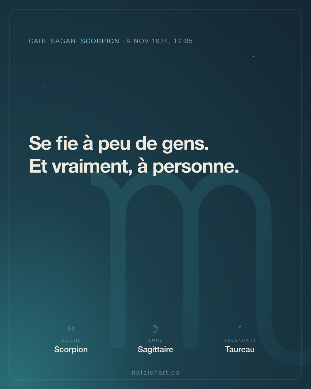 Carl Sagan — Soleil en Scorpion · Lune en Sagittaire · Ascendant Taureau