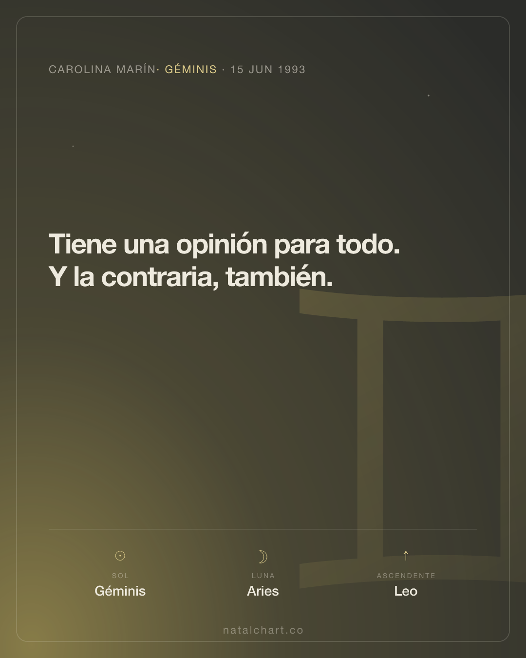 Carolina Marín — Sol en Géminis · Luna en Aries
