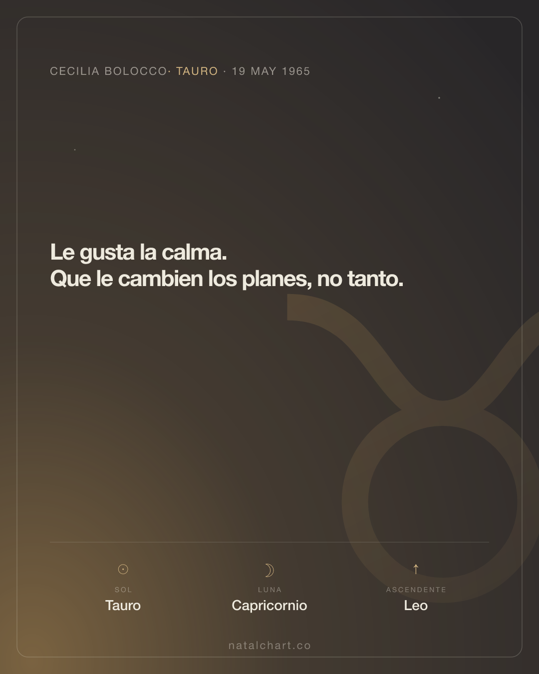 Cecilia Bolocco — Sol en Tauro · Luna en Capricornio