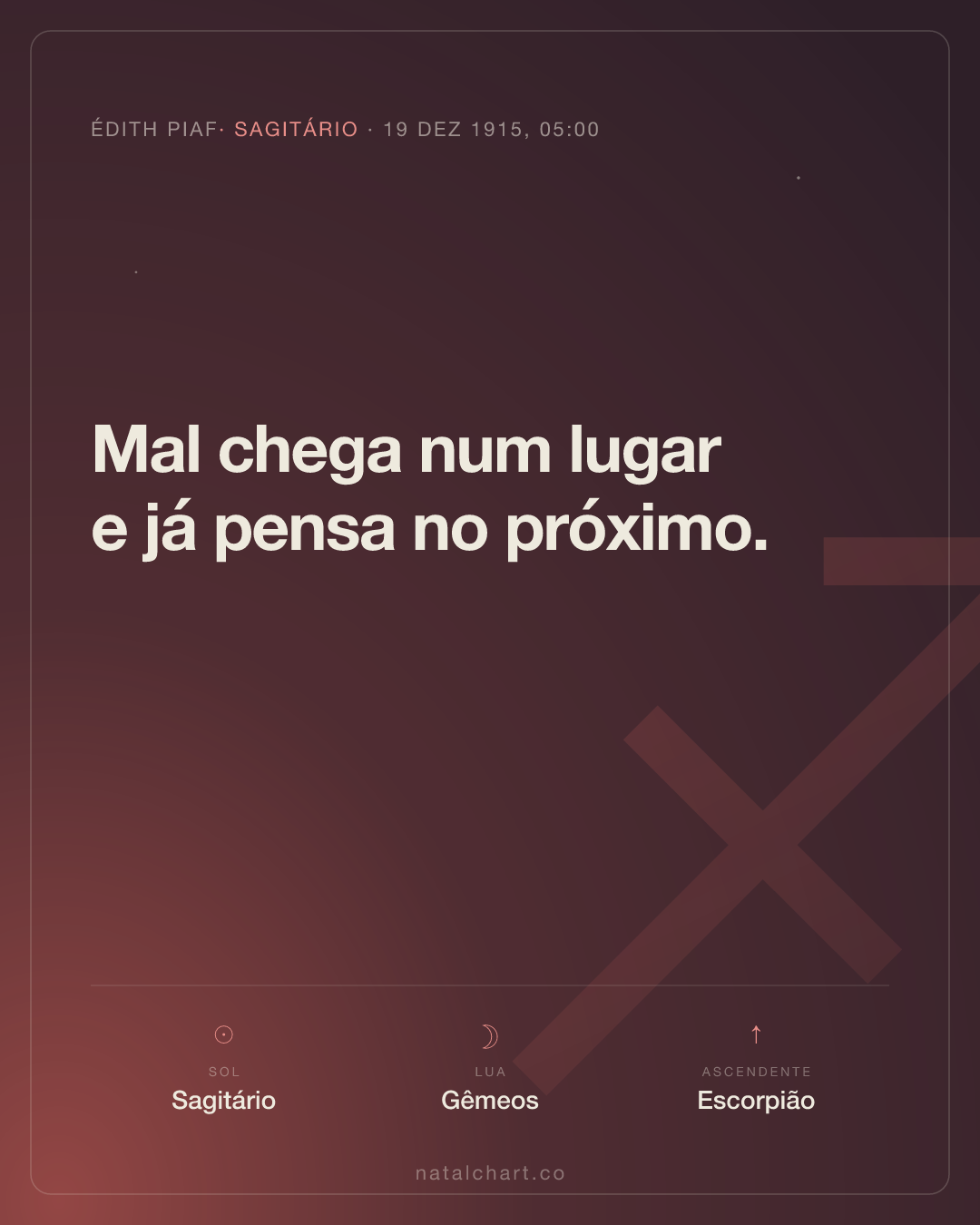 Édith Piaf — Sol em Sagitário · Lua em Gêmeos · Ascendente em Escorpião