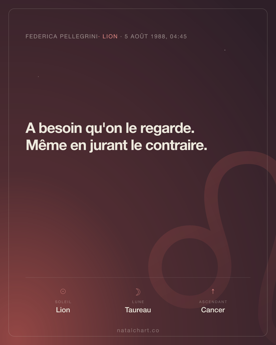 Federica Pellegrini — Soleil en Lion · Lune en Taureau · Ascendant Cancer