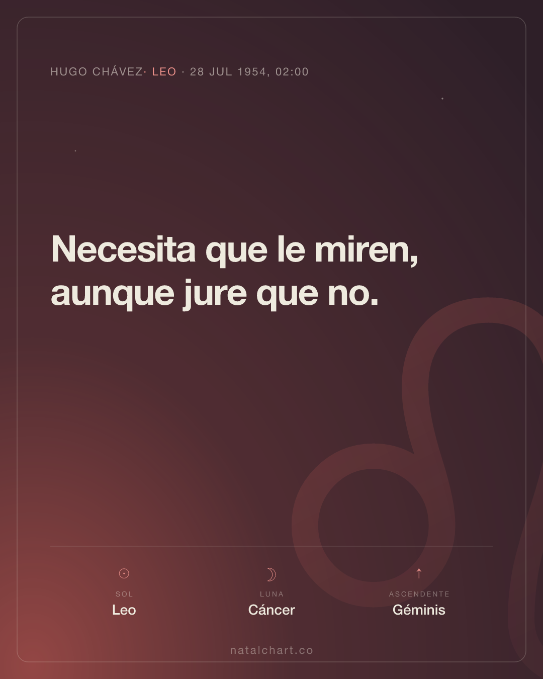 Hugo Chávez — Sol en Leo · Luna en Cáncer · Ascendente Géminis