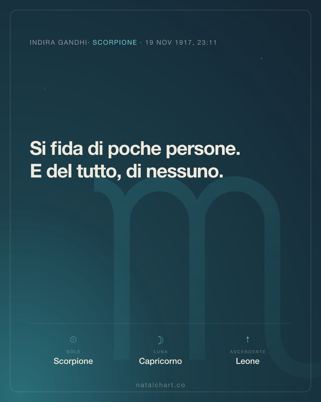 Indira Gandhi — Sole in Scorpione · Luna in Capricorno · Ascendente Leone