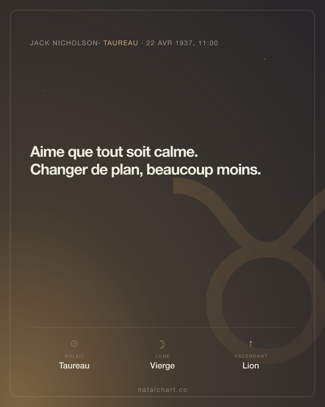 Jack Nicholson — Soleil en Taureau · Lune en Vierge · Ascendant Lion