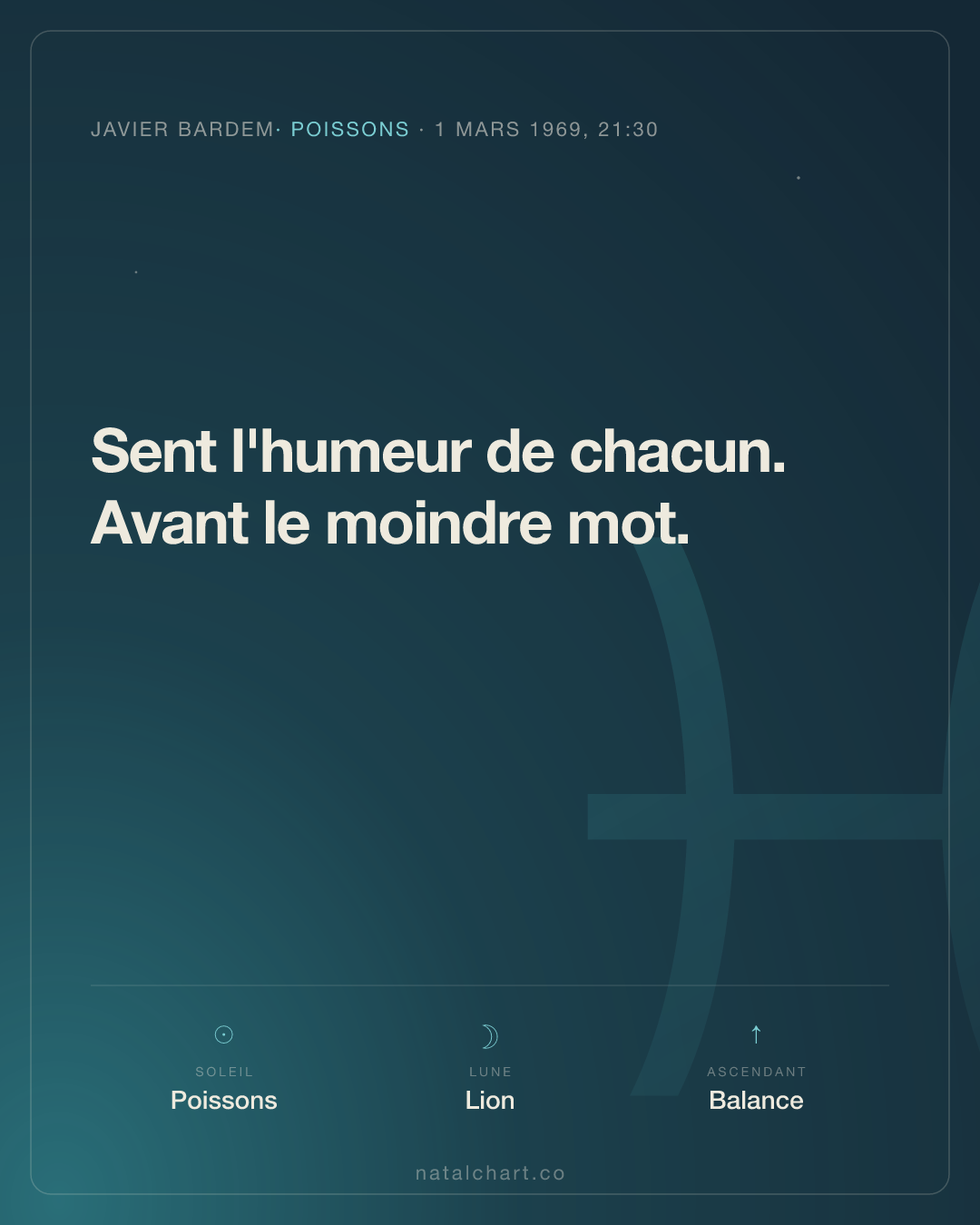 Javier Bardem — Soleil en Poissons · Lune en Lion · Ascendant Balance