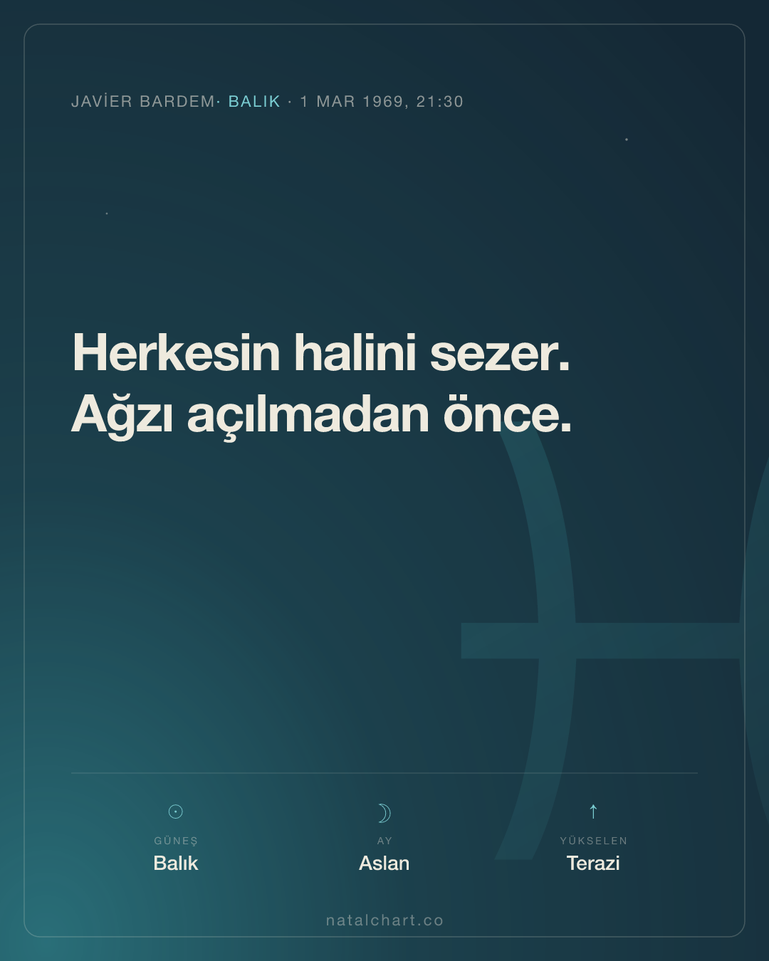 Javier Bardem — Balık burcunda Güneş · Aslan burcunda Ay · Yükselen Terazi