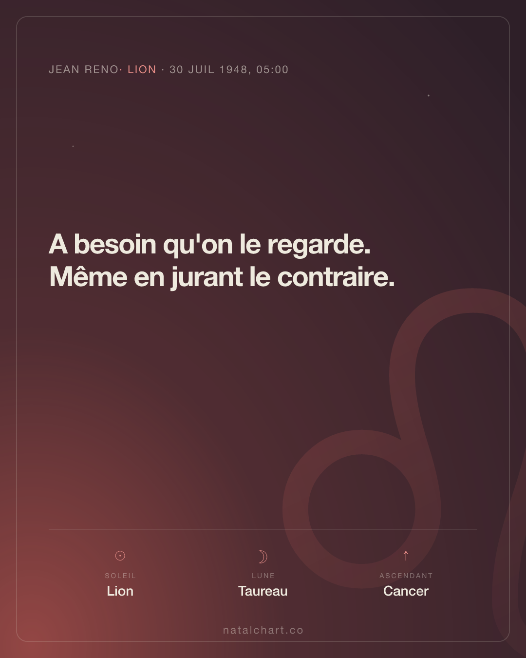 Jean Reno — Soleil en Lion · Lune en Taureau · Ascendant Cancer