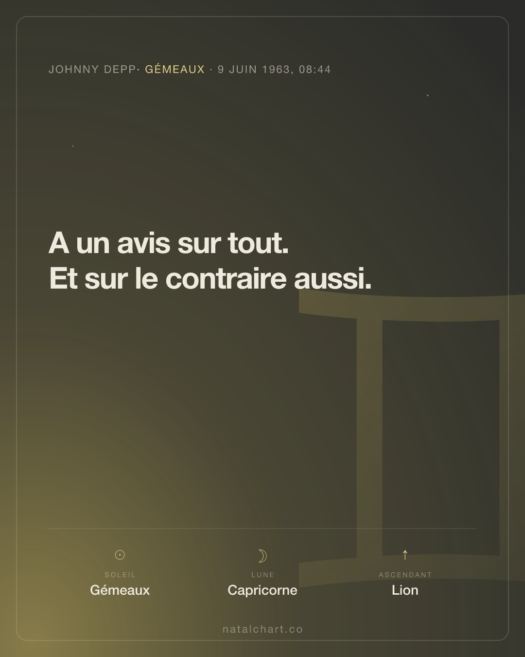 Johnny Depp — Soleil en Gémeaux · Lune en Capricorne · Ascendant Lion