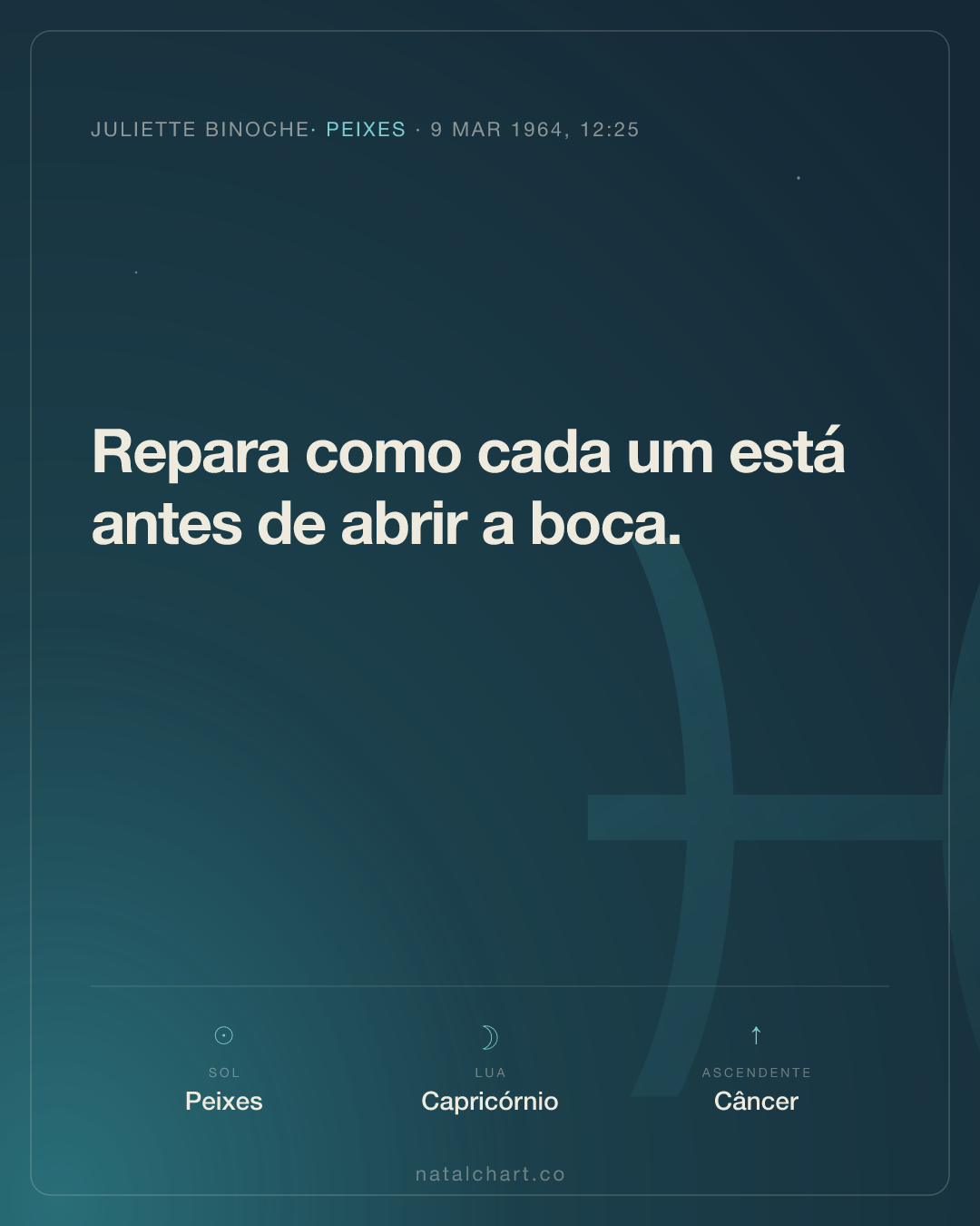 Juliette Binoche — Sol em Peixes · Lua em Capricórnio · Ascendente em Câncer