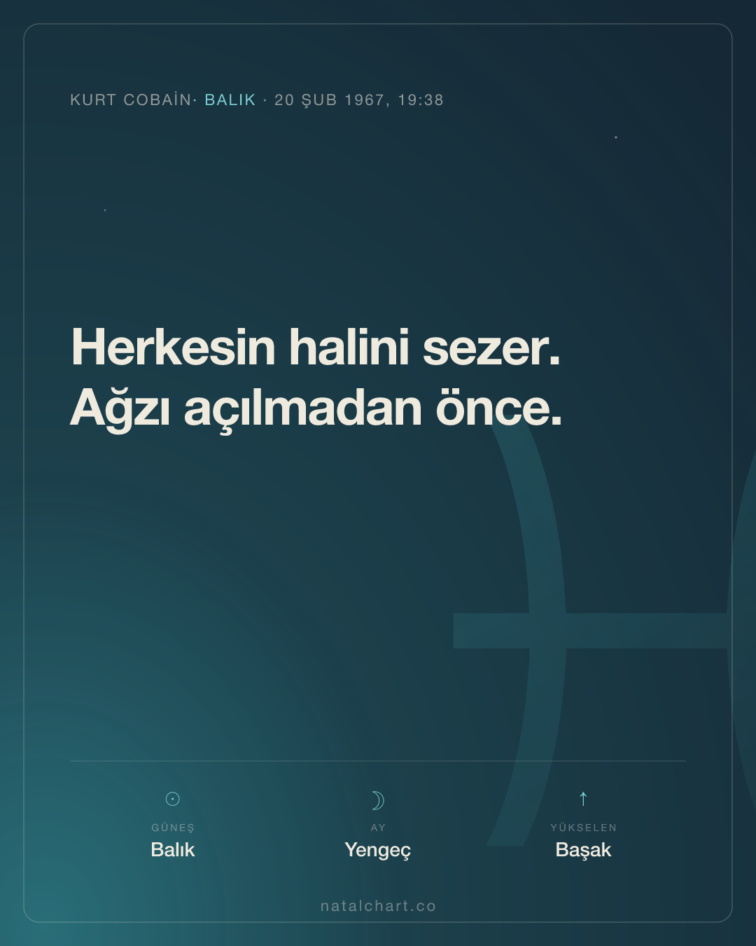 Kurt Cobain — Balık burcunda Güneş · Yengeç burcunda Ay · Yükselen Başak