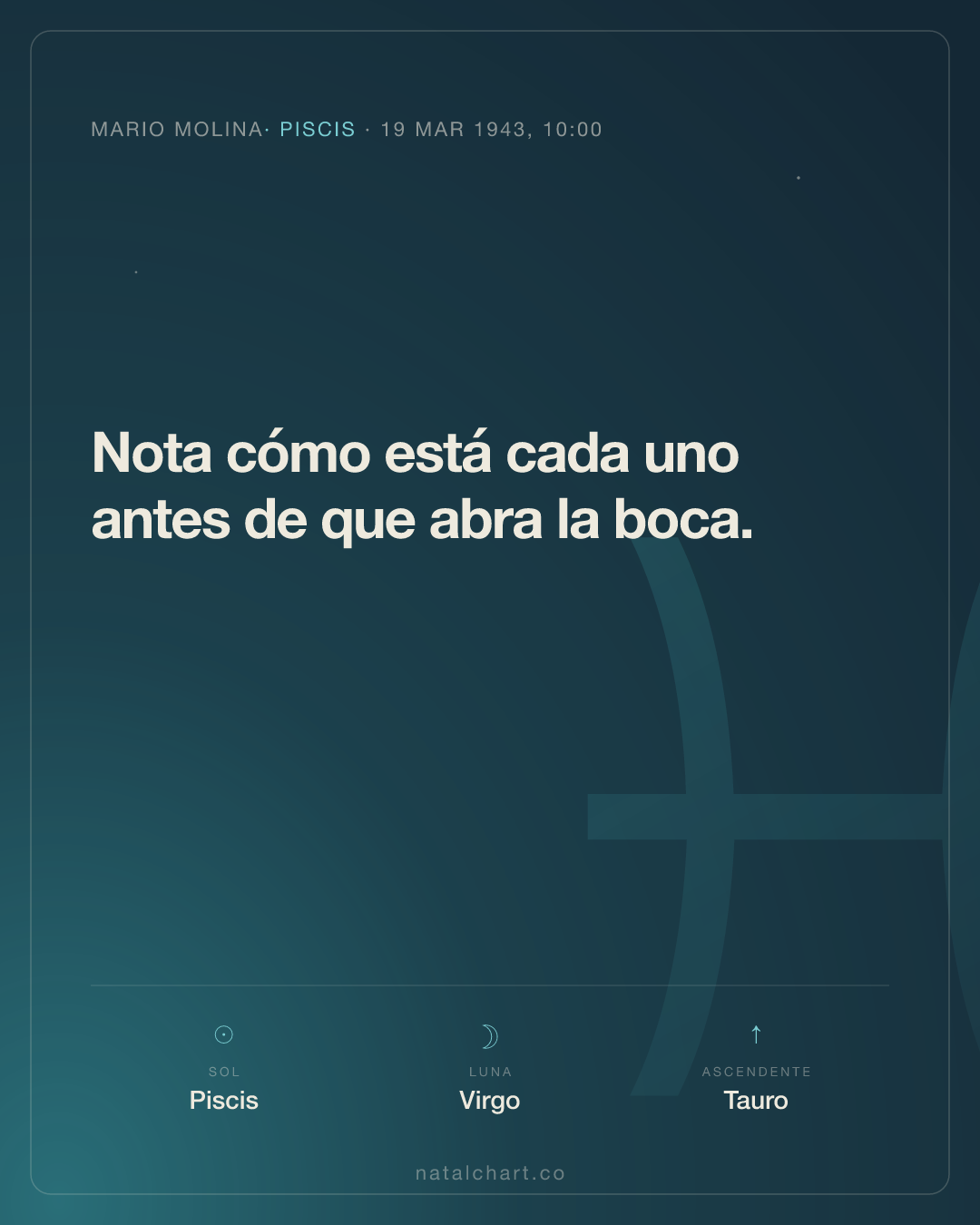 Mario Molina — Sol en Piscis · Luna en Virgo · Ascendente Tauro