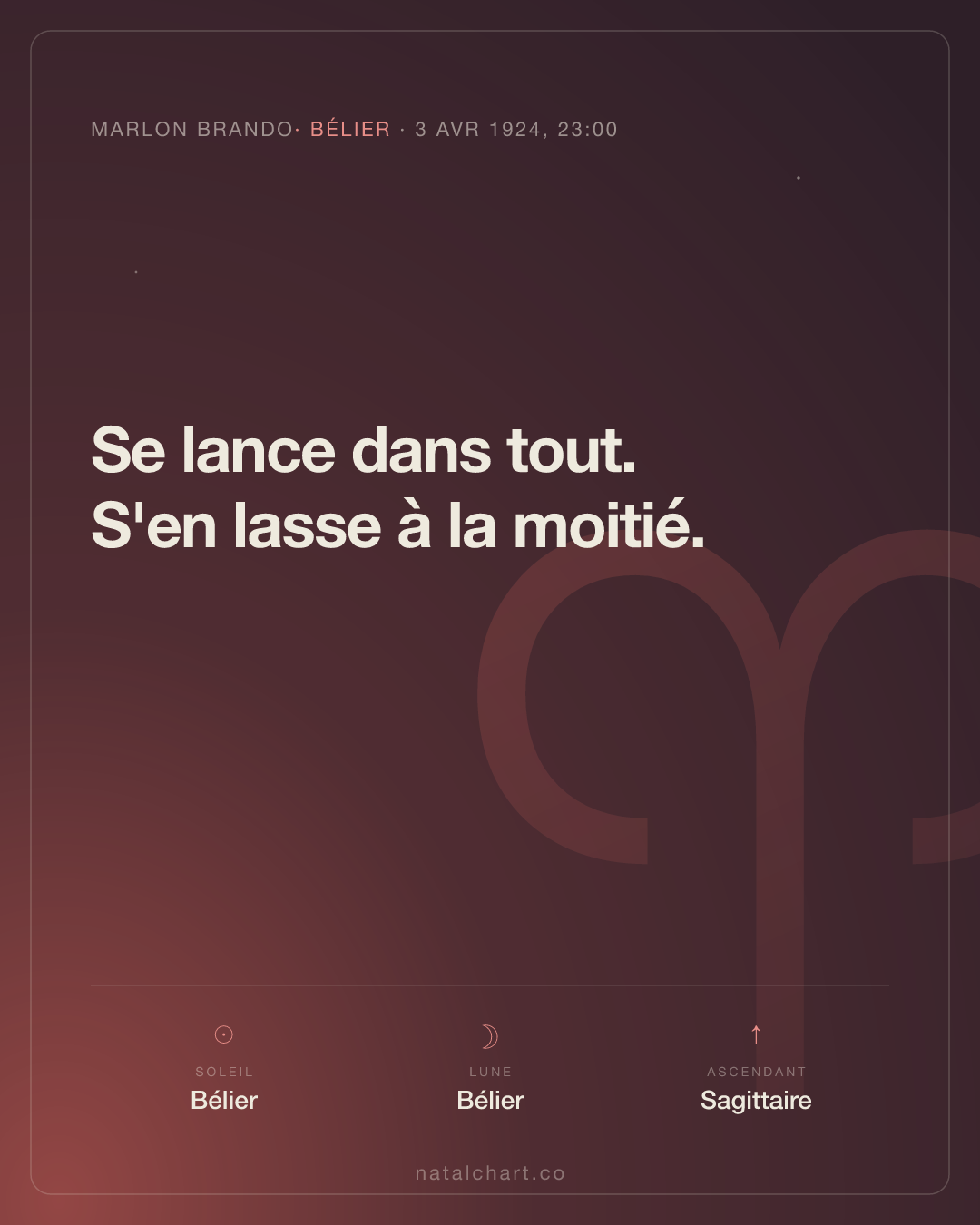 Marlon Brando — Soleil en Bélier · Lune en Bélier · Ascendant Sagittaire