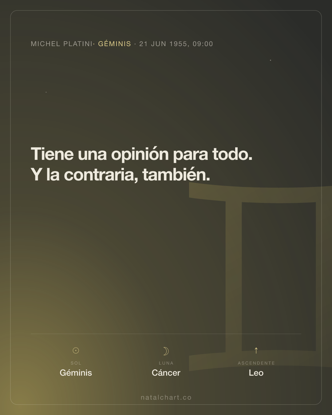 Michel Platini — Sol en Géminis · Luna en Cáncer · Ascendente Leo