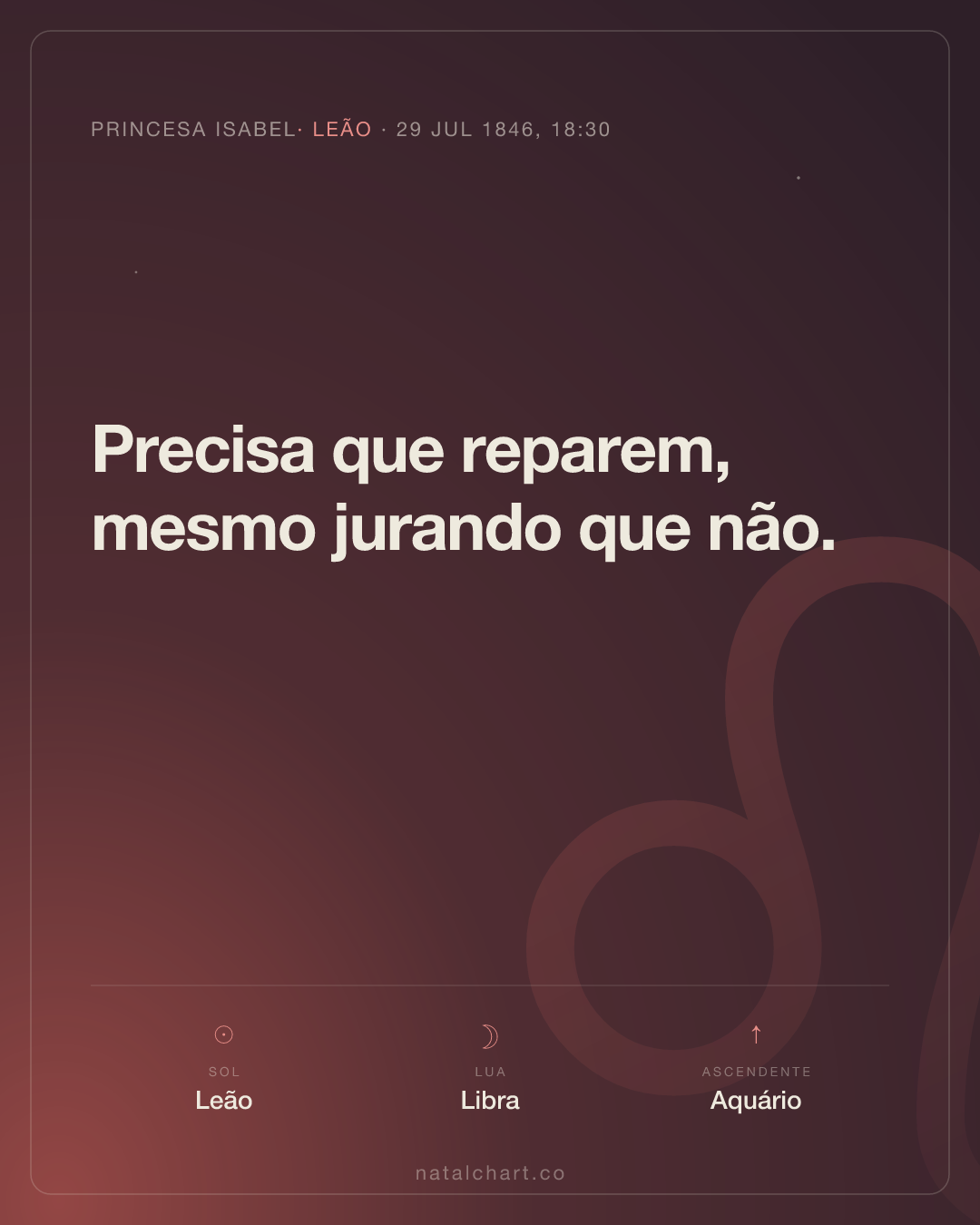 Princesa Isabel — Sol em Leão · Lua em Libra · Ascendente em Aquário