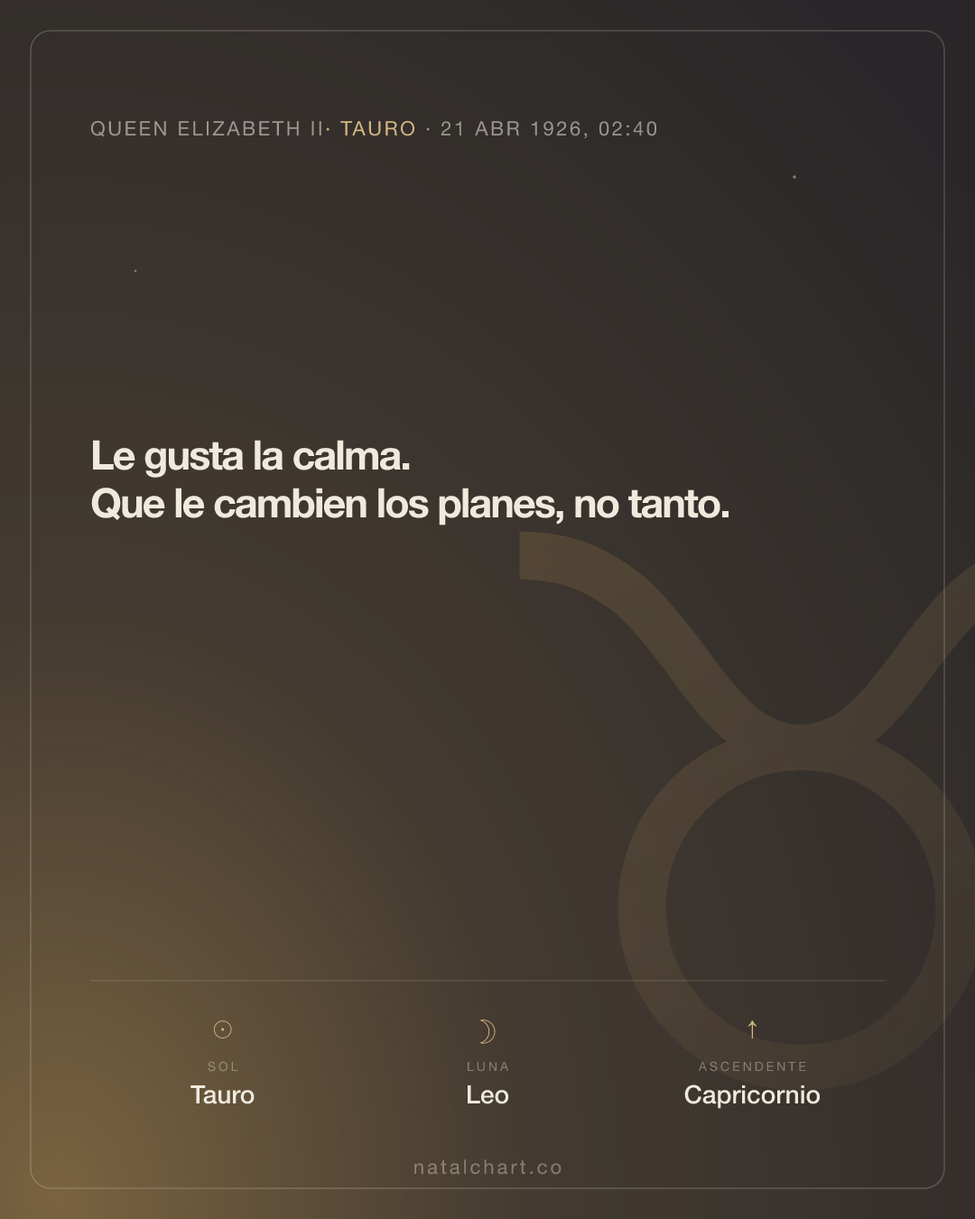 Queen Elizabeth II — Sol en Tauro · Luna en Leo · Ascendente Capricornio