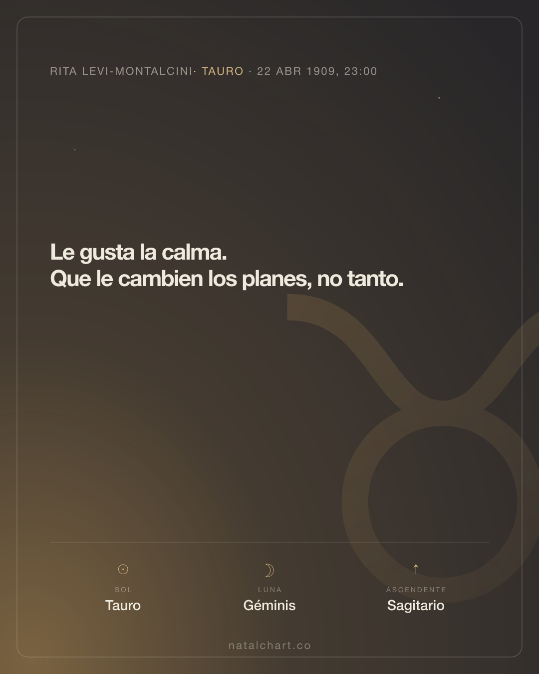 Rita Levi-Montalcini — Sol en Tauro · Luna en Géminis · Ascendente Sagitario
