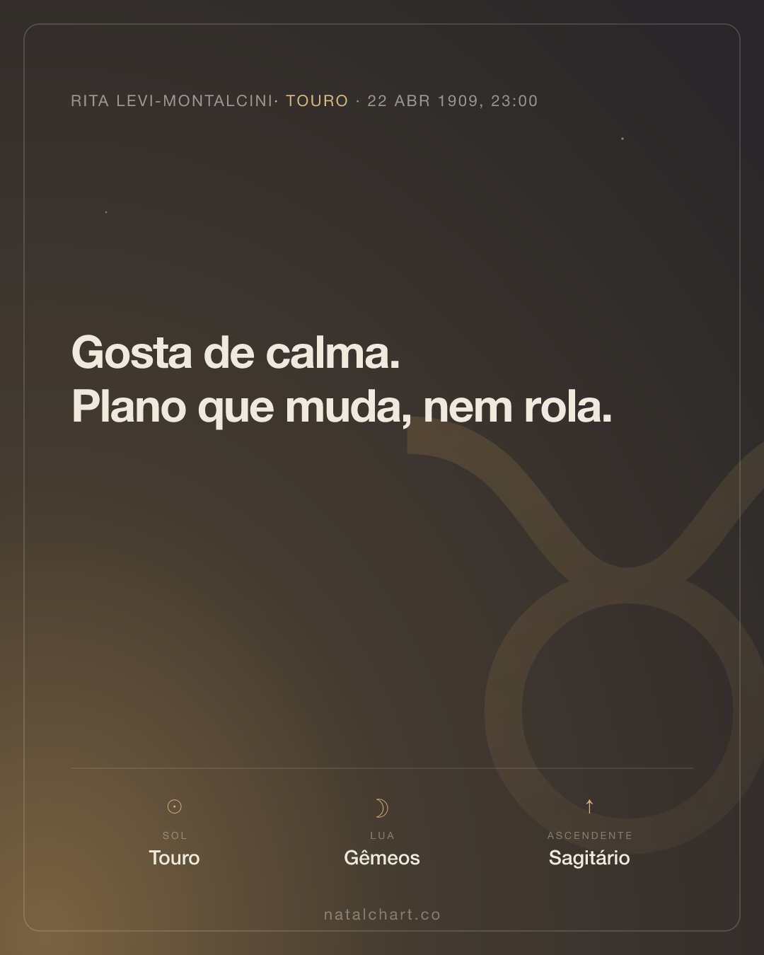 Rita Levi-Montalcini — Sol em Touro · Lua em Gêmeos · Ascendente em Sagitário