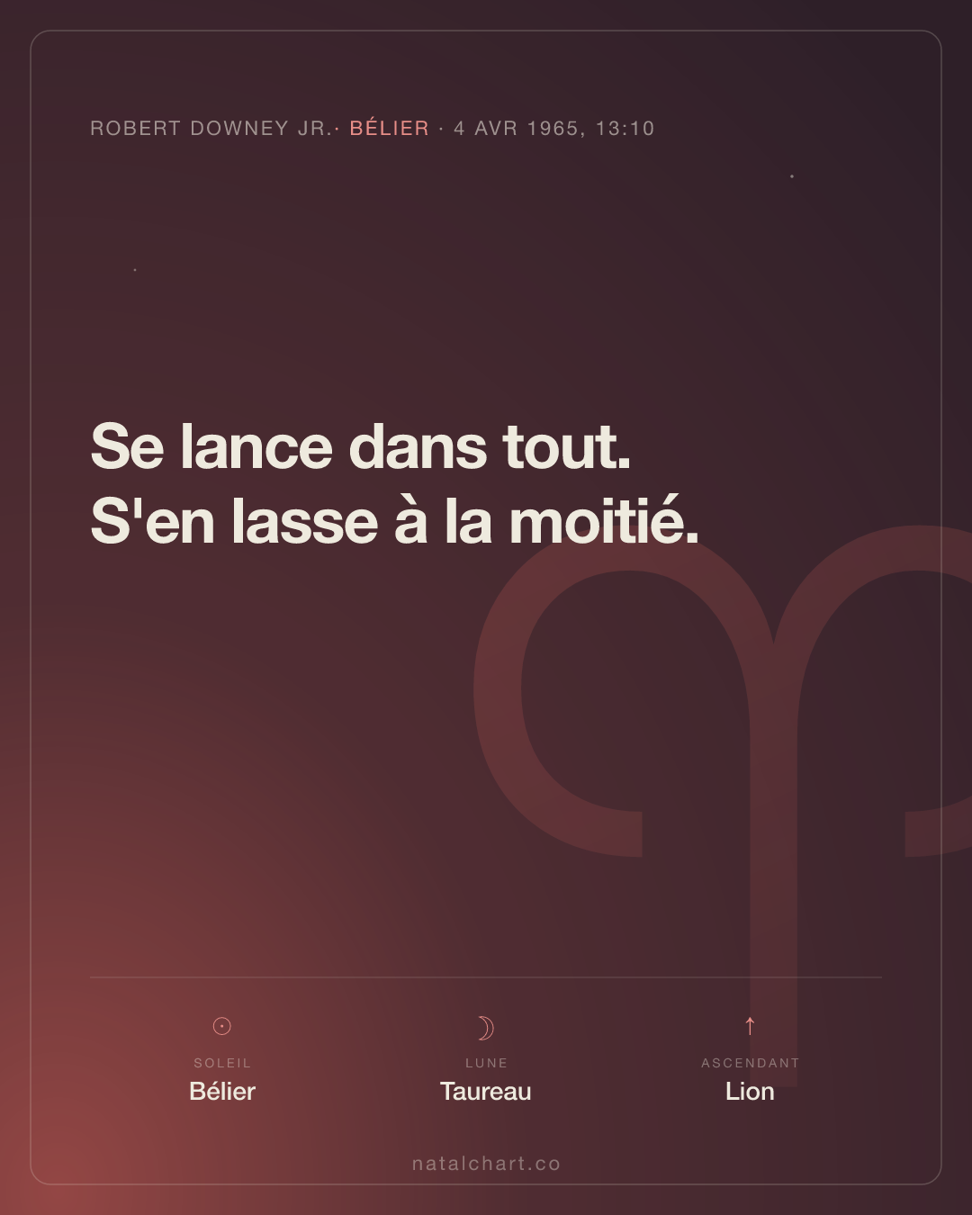 Robert Downey Jr. — Soleil en Bélier · Lune en Taureau · Ascendant Lion