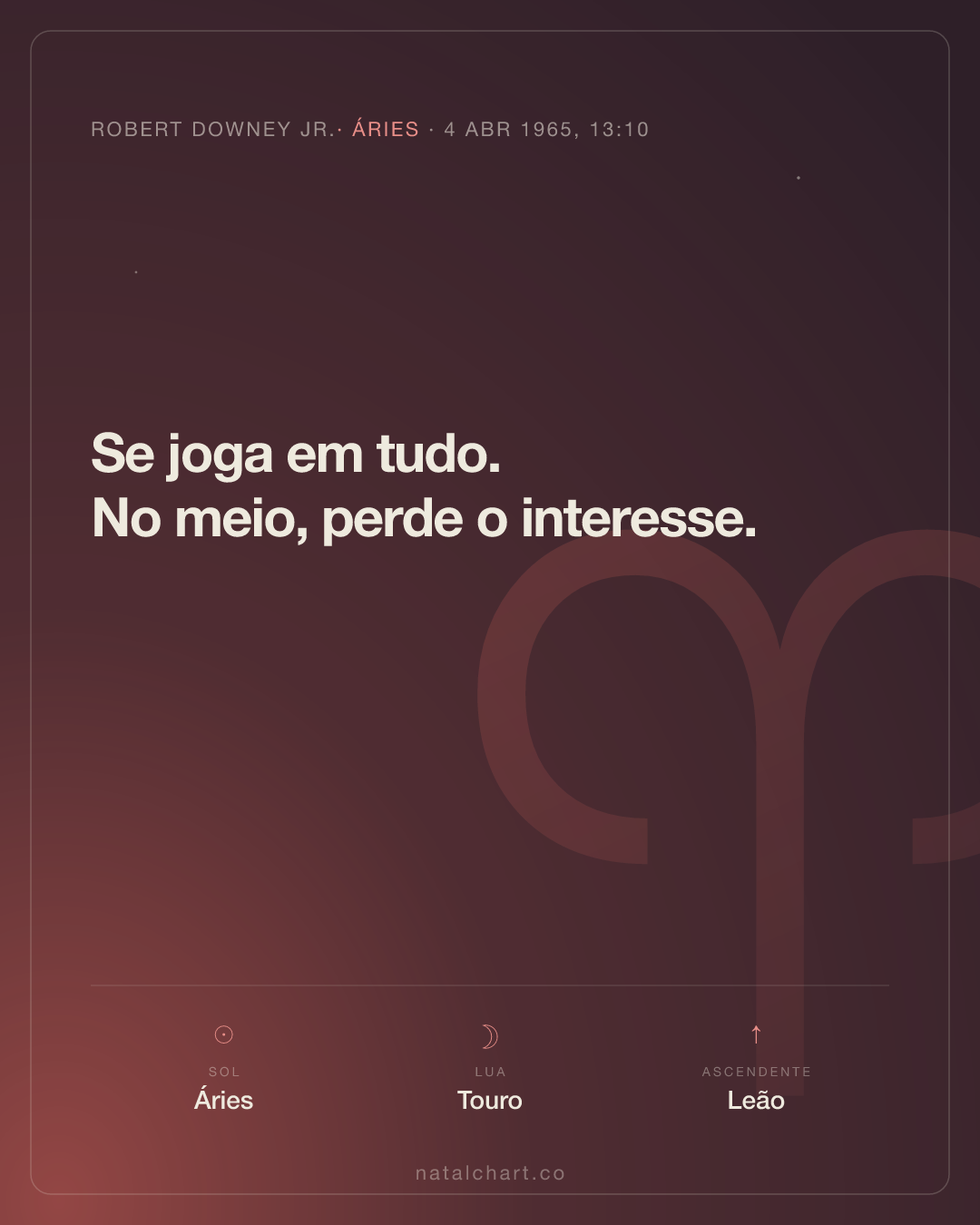 Robert Downey Jr. — Sol em Áries · Lua em Touro · Ascendente em Leão