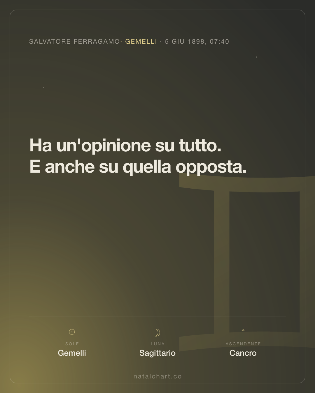 Salvatore Ferragamo — Sole in Gemelli · Luna in Sagittario · Ascendente Cancro