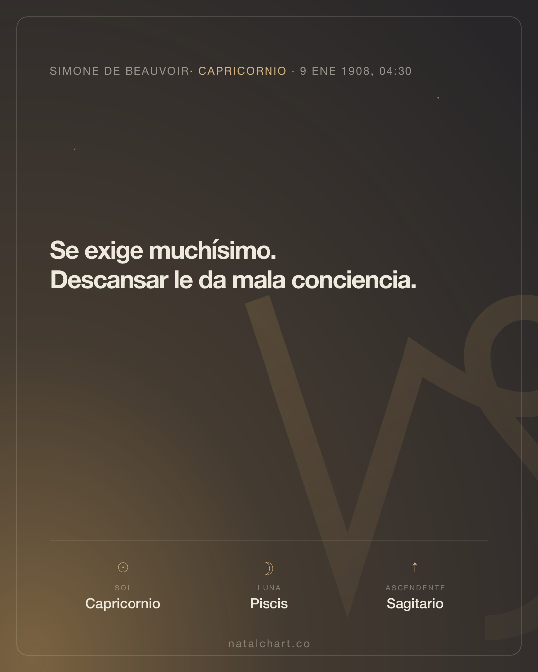 Simone de Beauvoir — Sol en Capricornio · Luna en Piscis · Ascendente Sagitario