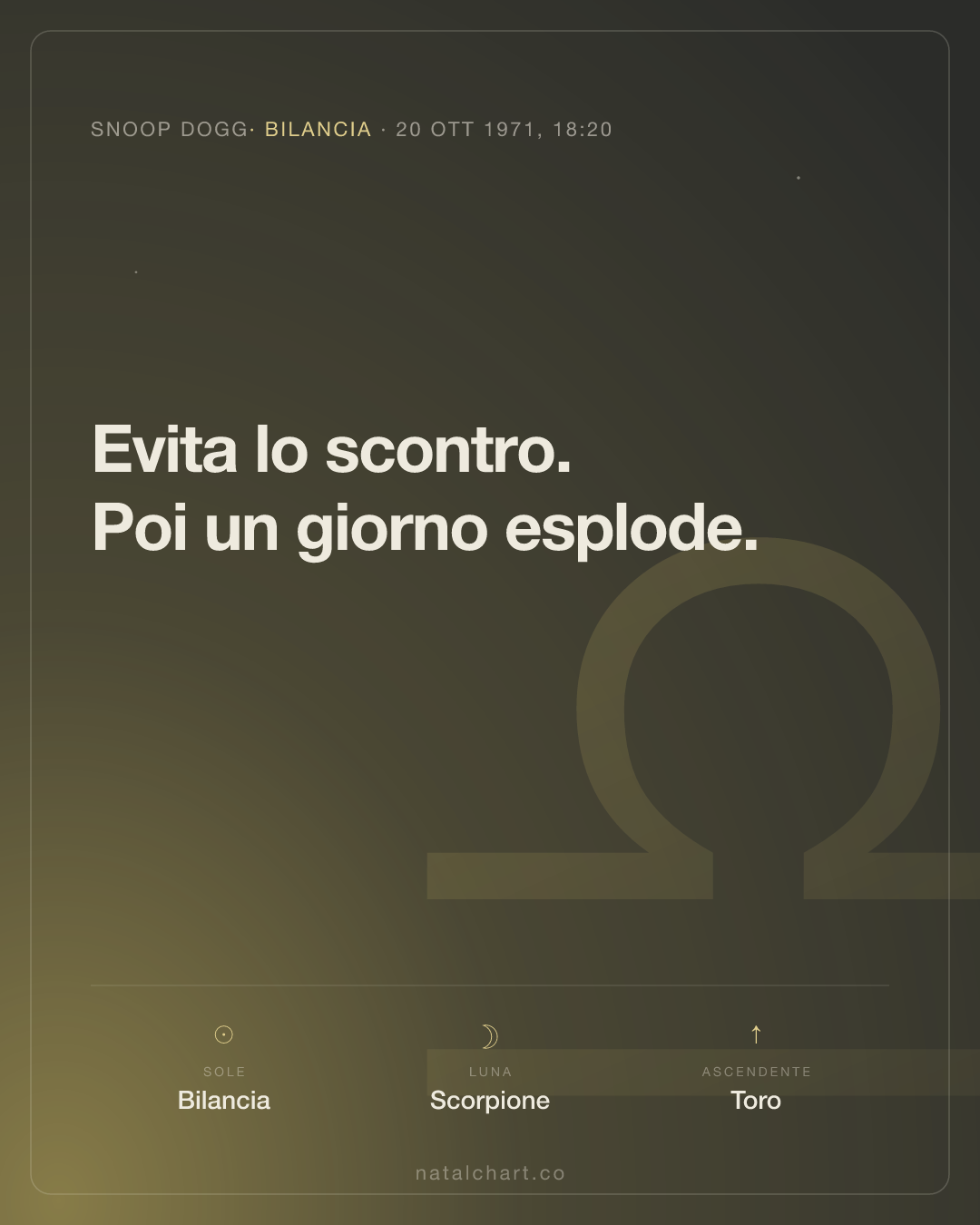 Snoop Dogg — Sole in Bilancia · Luna in Scorpione · Ascendente Toro