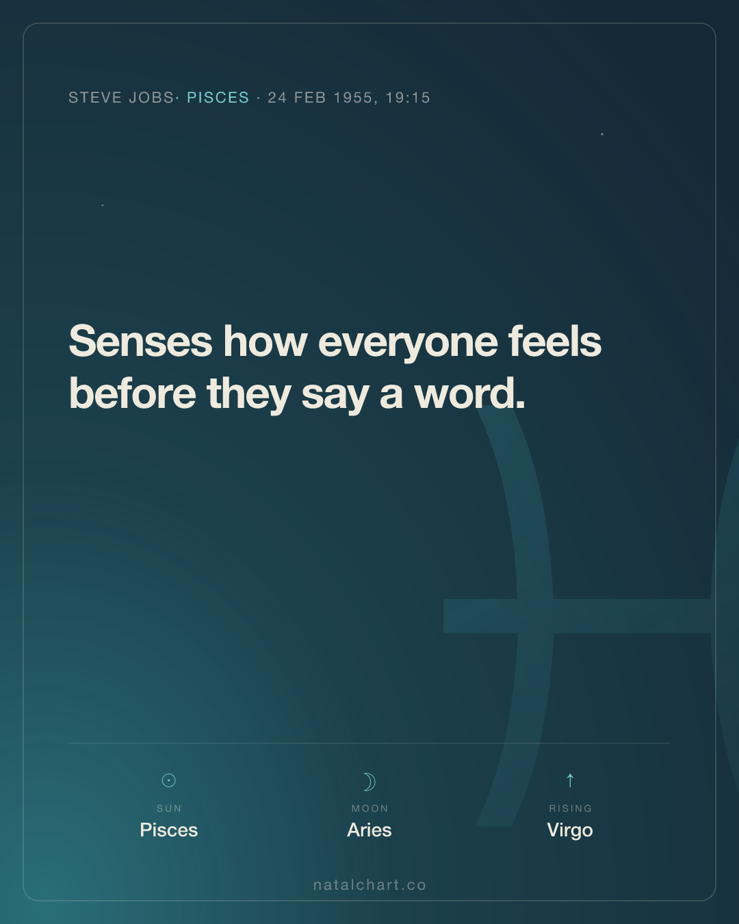 Steve Jobs — Sun in Pisces · Moon in Aries · Virgo rising