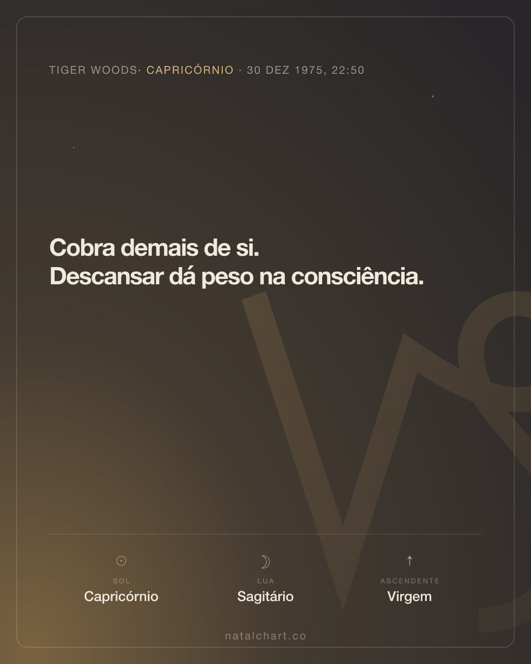 Tiger Woods — Sol em Capricórnio · Lua em Sagitário · Ascendente em Virgem