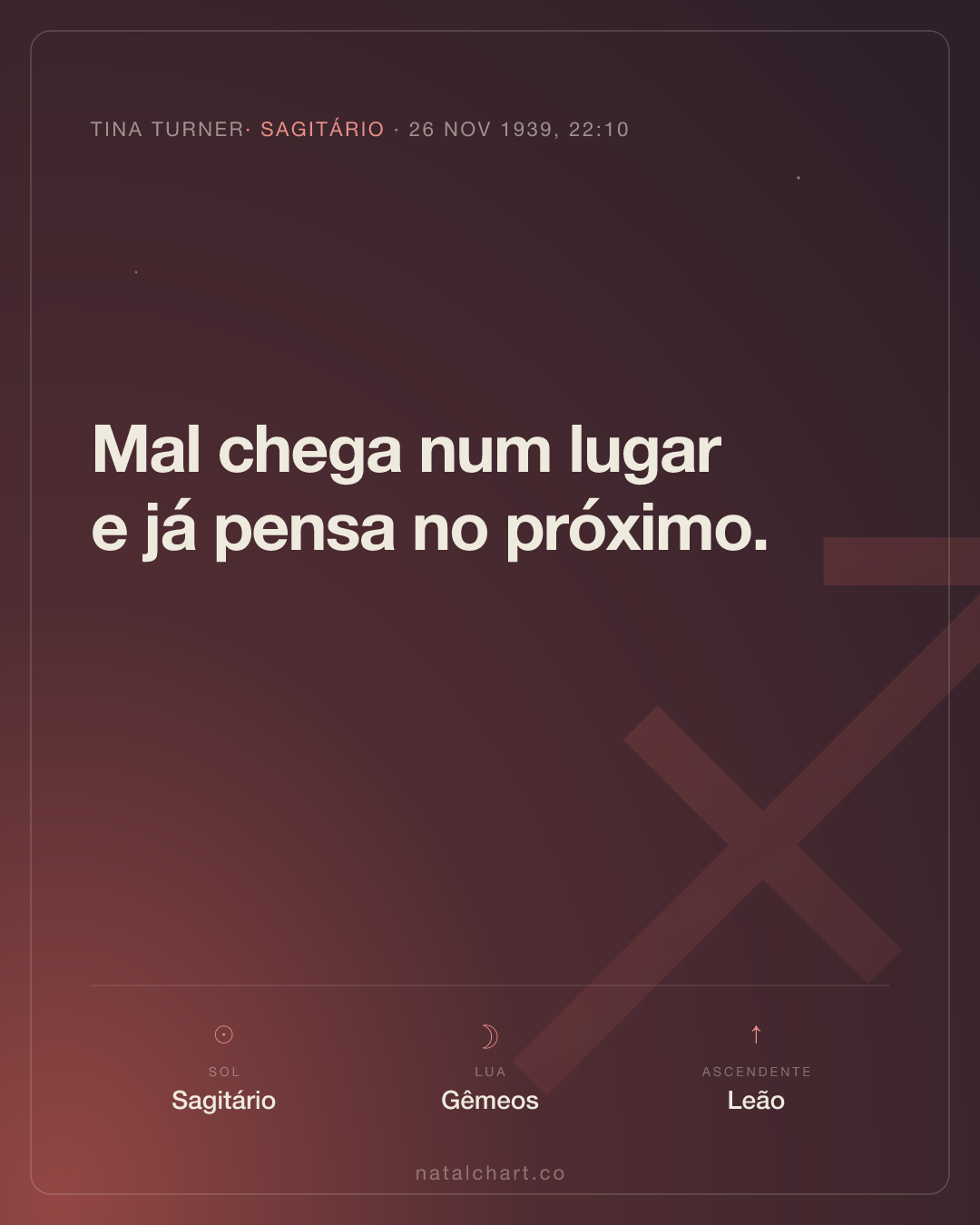 Tina Turner — Sol em Sagitário · Lua em Gêmeos · Ascendente em Leão