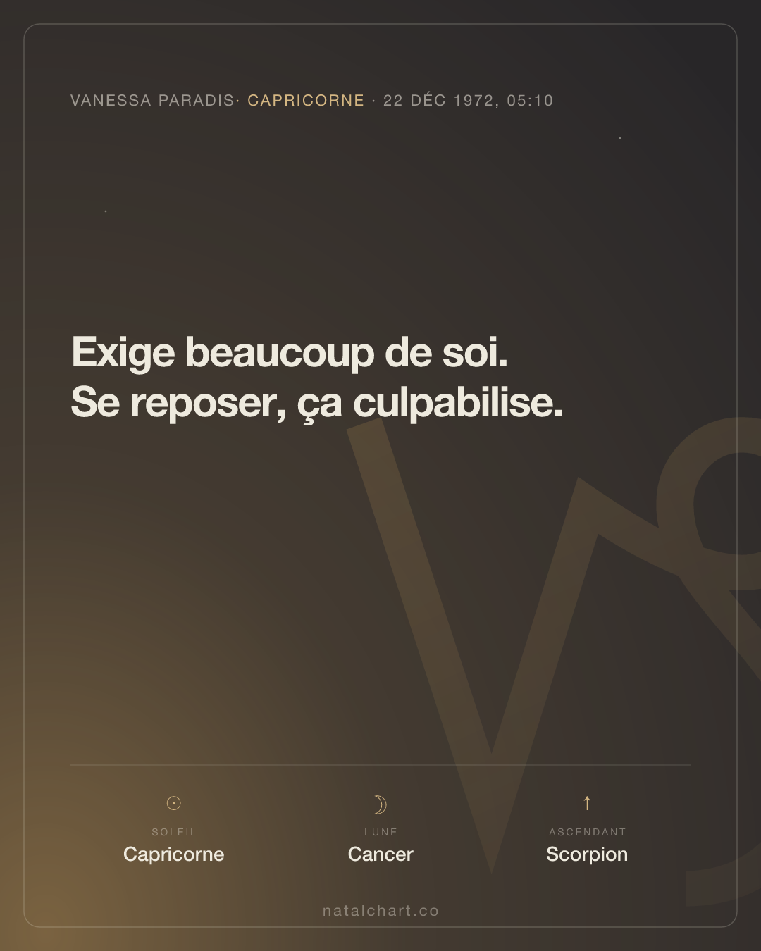 Vanessa Paradis — Soleil en Capricorne · Lune en Cancer · Ascendant Scorpion