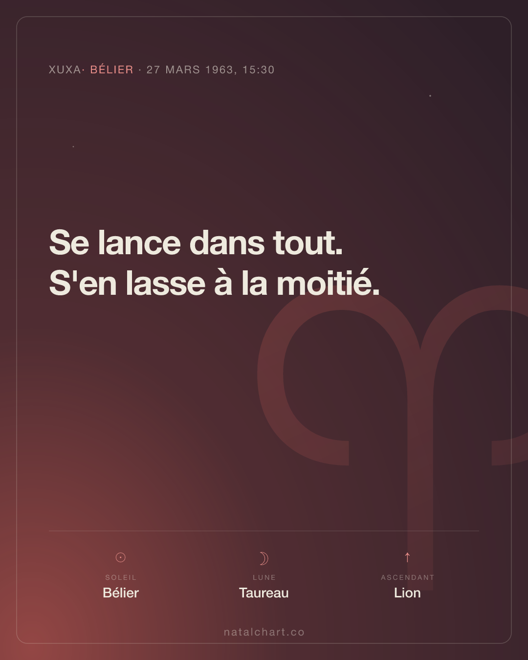 Xuxa — Soleil en Bélier · Lune en Taureau · Ascendant Lion